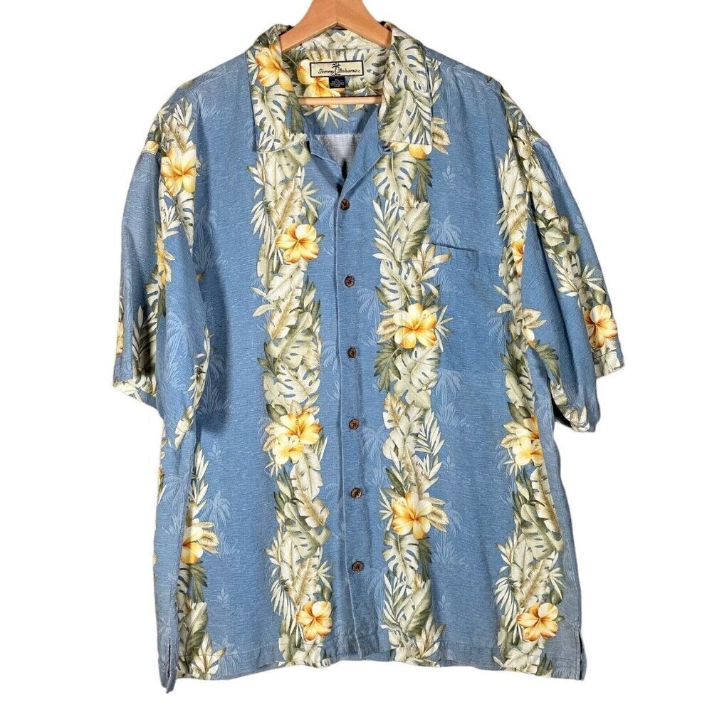 Tommy Bahama 100% Silk Shirt XL Hawaiian Blue Palm Tree Leaf Hibiscus Textured